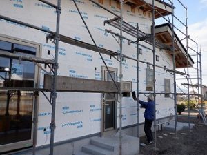 平屋建て新築住宅・外壁下地・防水検査